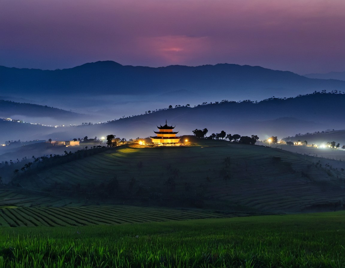 Traditional Building on Hill Surrounded by Terraced Fields and Misty Hills at Twilight