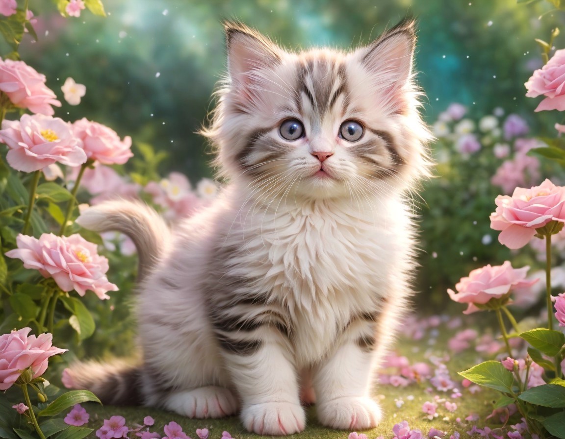 Adorable kitten with blue eyes in pink rose garden under soft light
