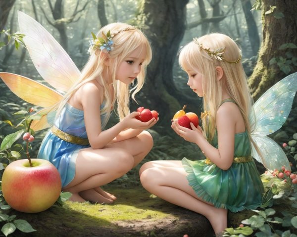 Delicate winged children in pastel leafy attire share apples in enchanted forest