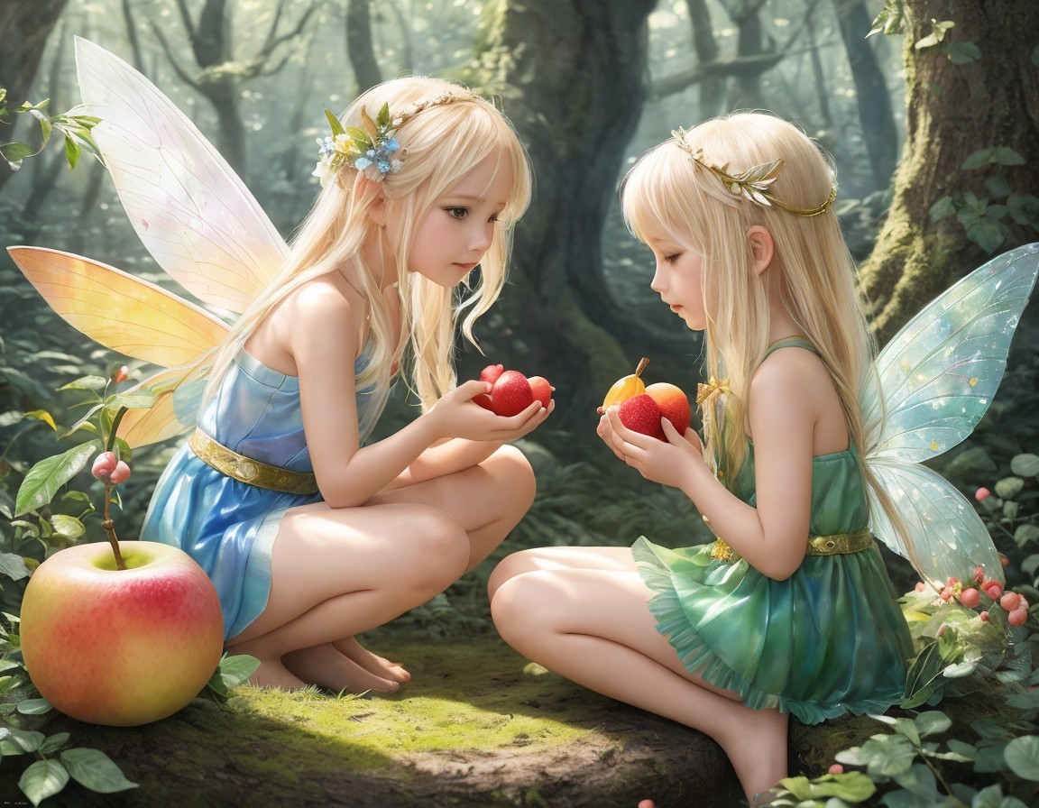 Delicate winged children in pastel leafy attire share apples in enchanted forest