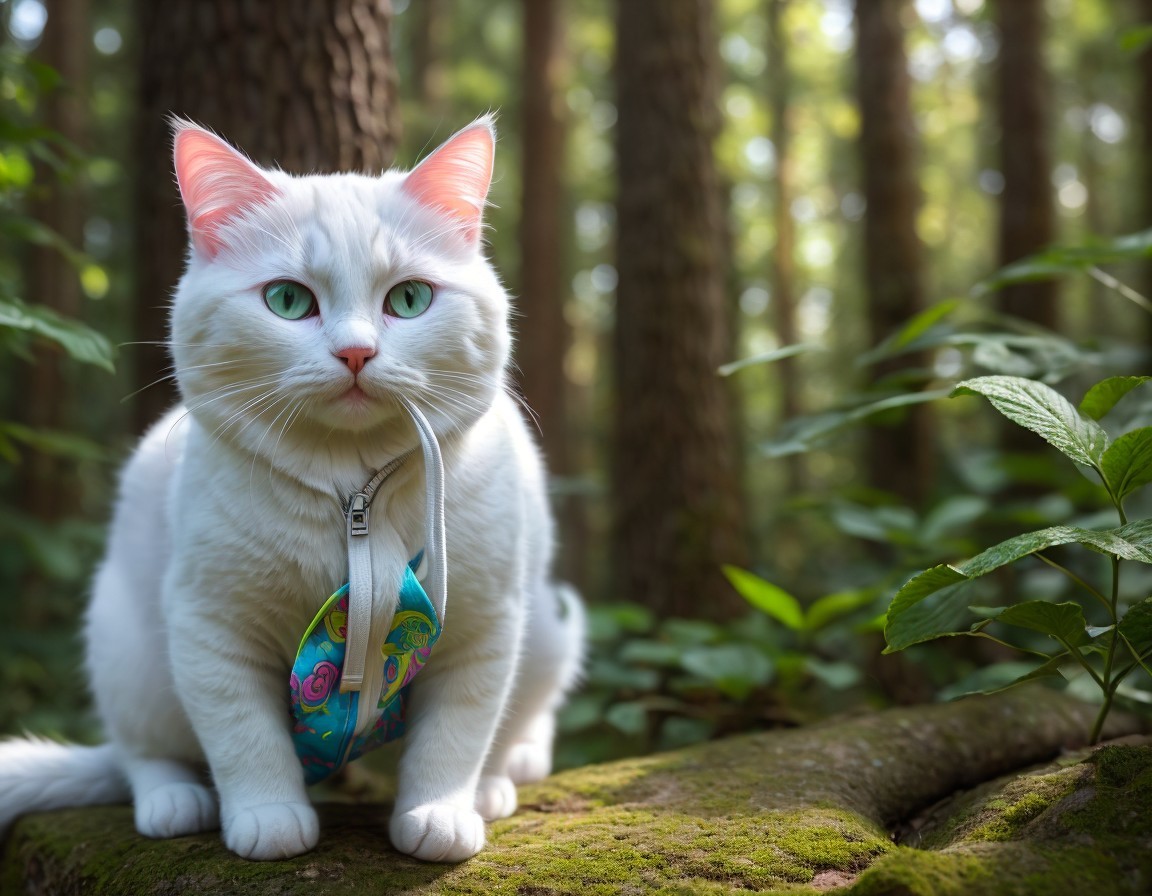 White Cat with Green Eyes Wearing Colorful Necktie in Forest Setting