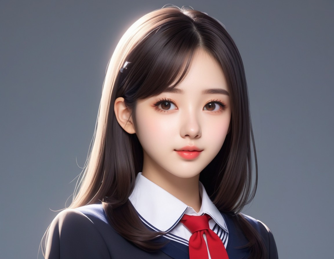 Digital artwork: Young woman with expressive eyes in school uniform.