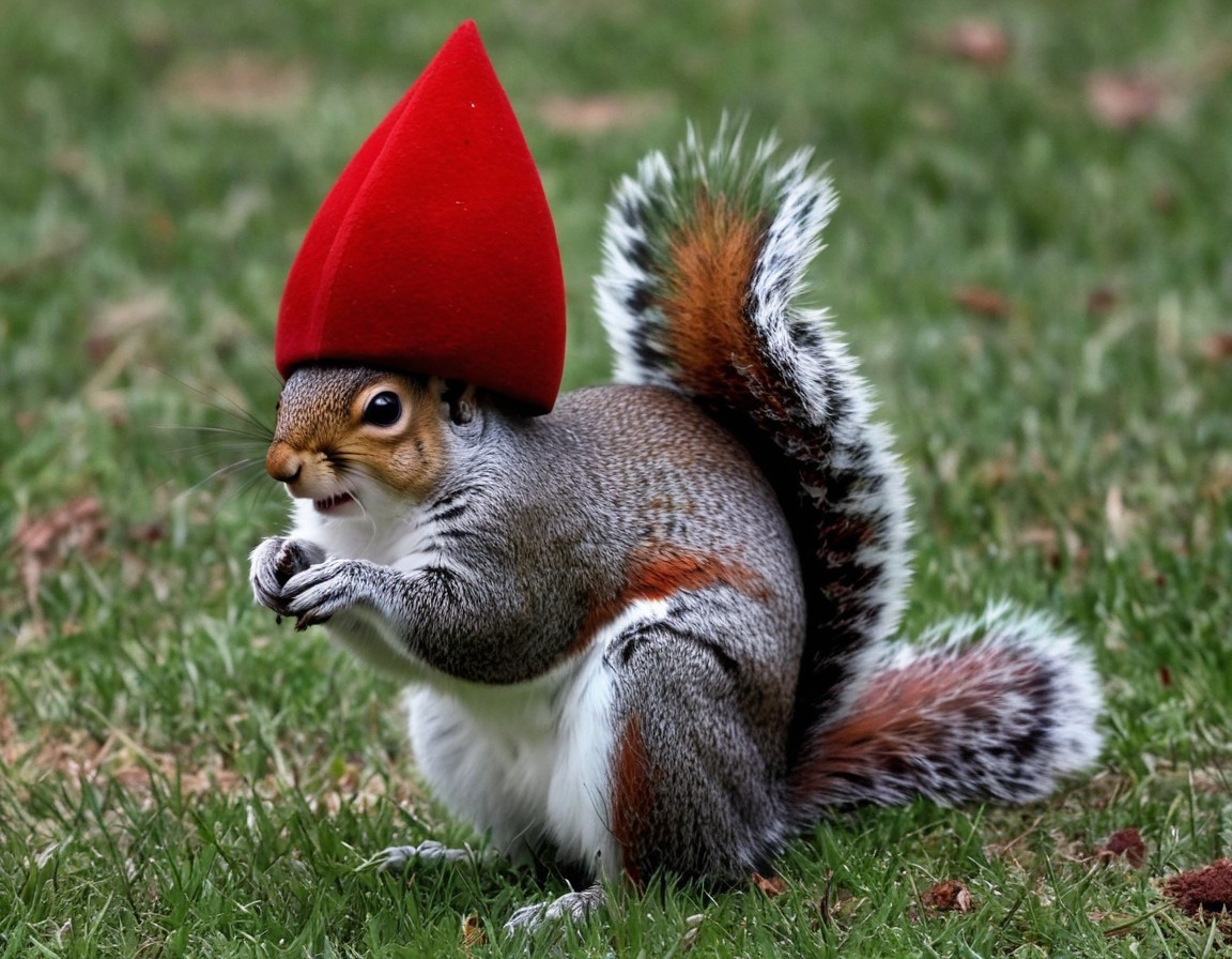 Whimsical red-hat squirrel holding a nut on grassy backdrop