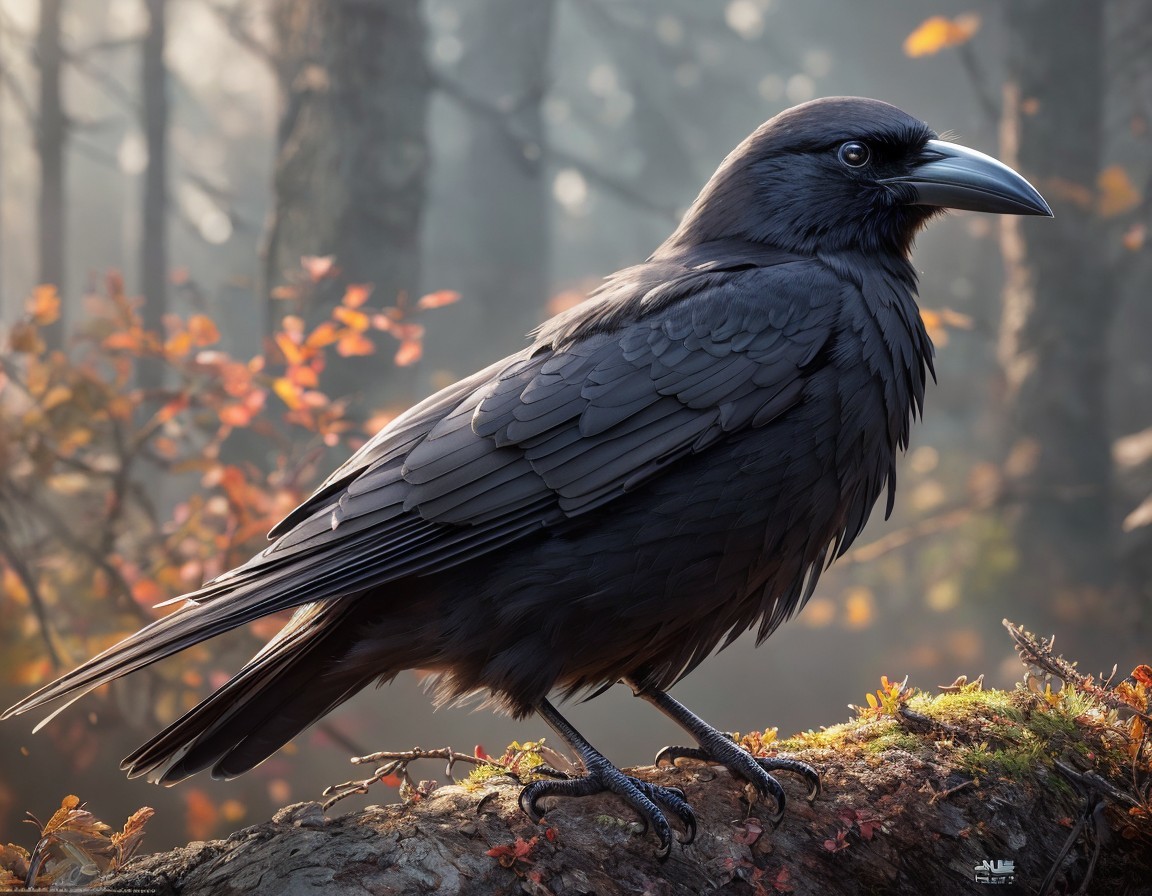 Black raven on mossy log in misty forest with sunlight.
