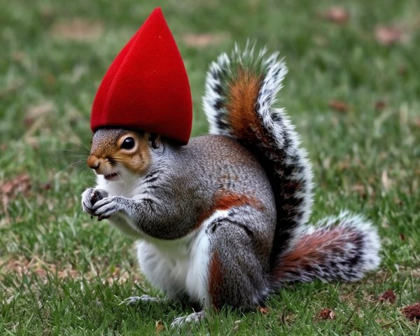 Whimsical red-hat squirrel holding a nut on grassy backdrop