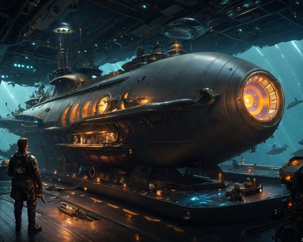 Futuristic submarine at advanced underwater facility