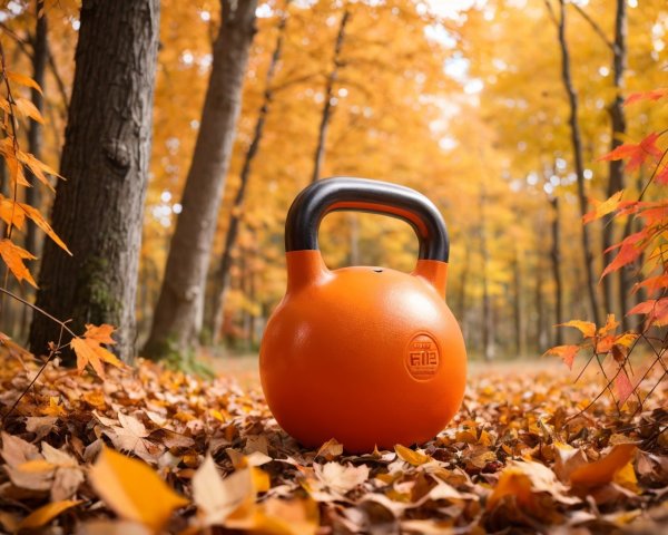 Orange Kettlebell on Autumn Forest Floor with Golden Foliage
