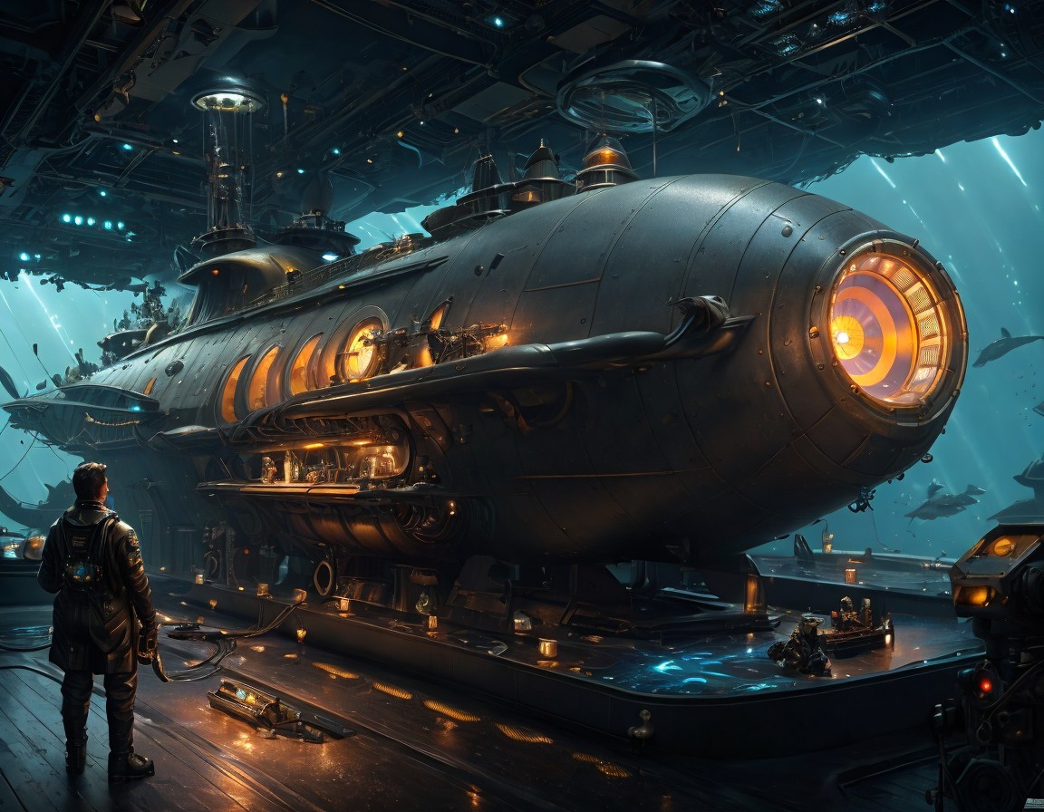 Futuristic submarine at advanced underwater facility