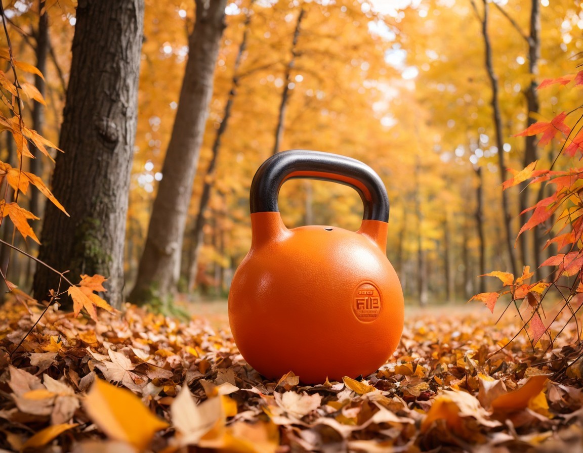 Orange Kettlebell on Autumn Forest Floor with Golden Foliage