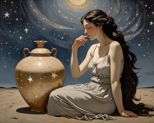 Contemplative woman in white gown next to celestial urn under starry sky