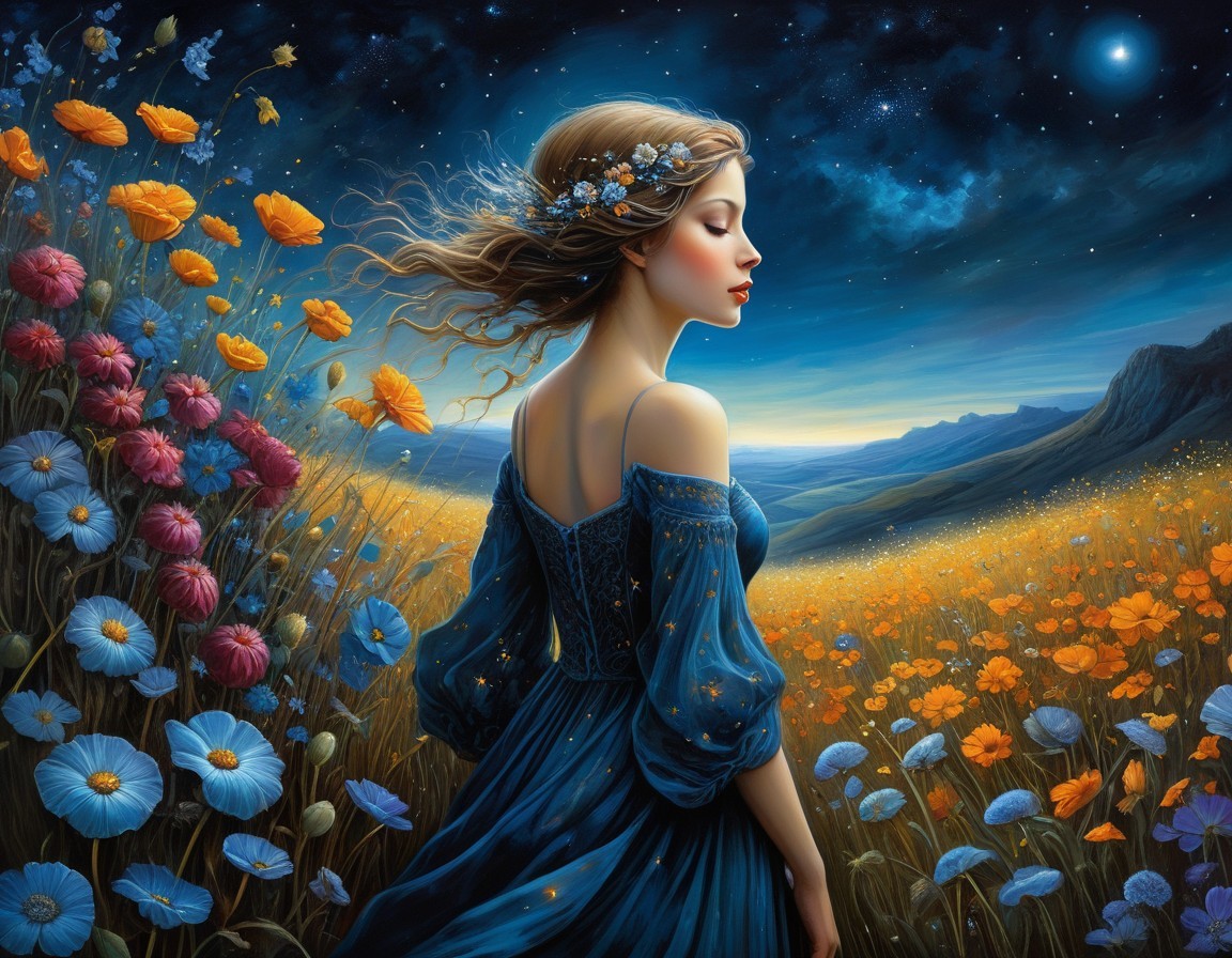 Woman in Blue Dress Surrounded by Orange Flowers Under Starry Night Sky
