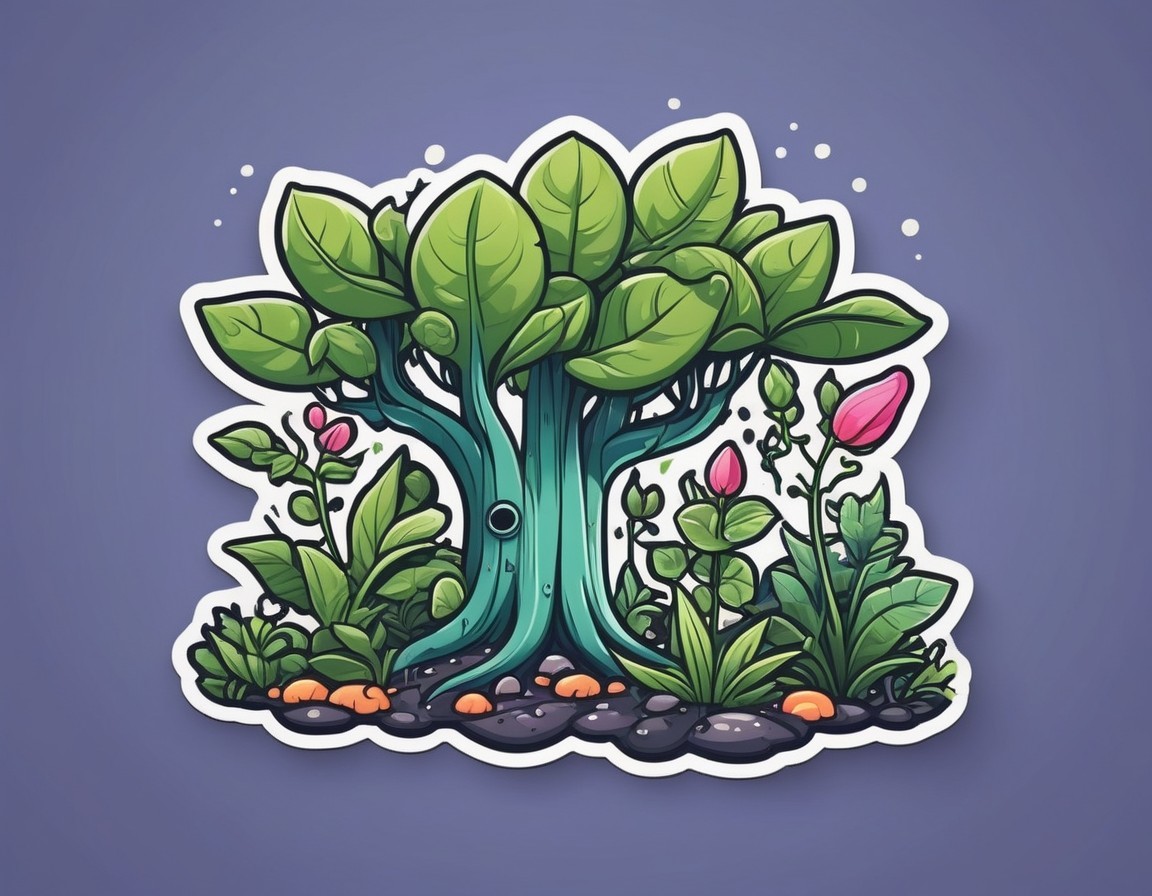 Lush tree with green leaves and colorful flowers on purple background