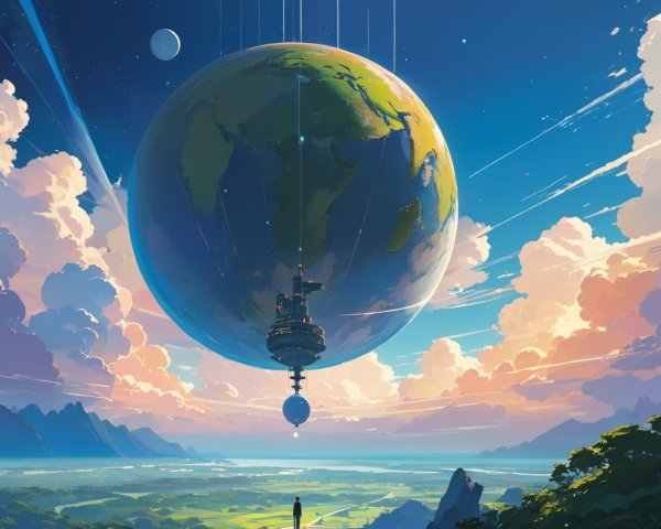 Person on Cliff Observing Surreal Landscape with Oversized Planets