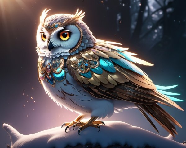 Whimsical owl illustration on snowy branch at twilight