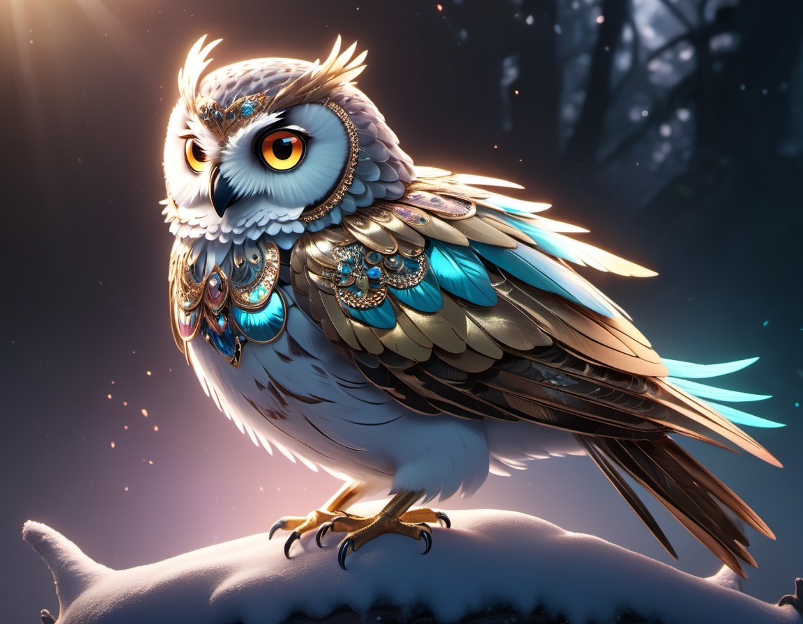 Whimsical owl illustration on snowy branch at twilight