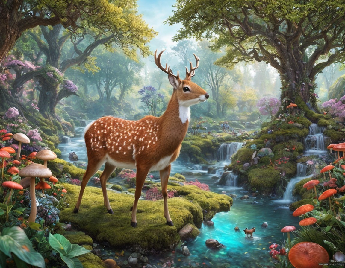 Tranquil forest landscape with deer by stream & lush greenery