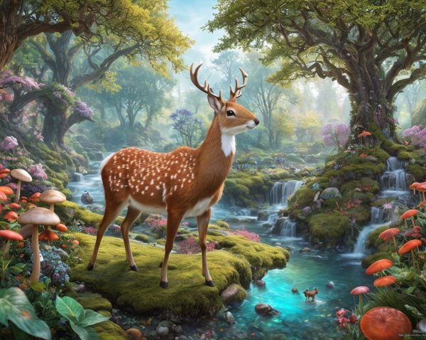 Tranquil forest landscape with deer by stream & lush greenery
