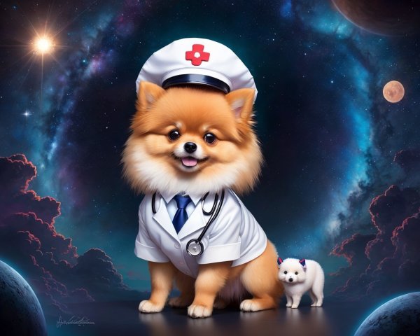 Pomeranian Dog Nurse with Stethoscope in Cosmic Scene
