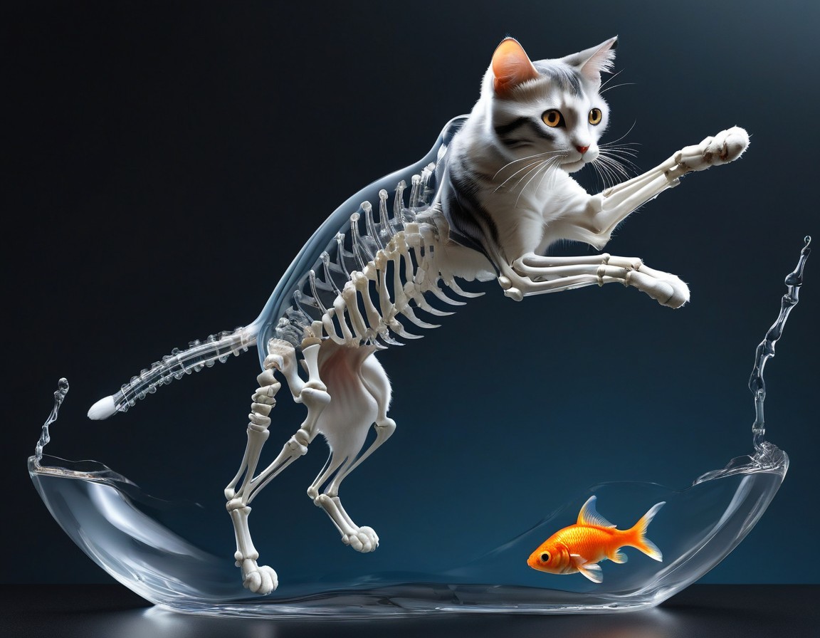 Surreal X-ray cat leaping at fish in bowl with water splash
