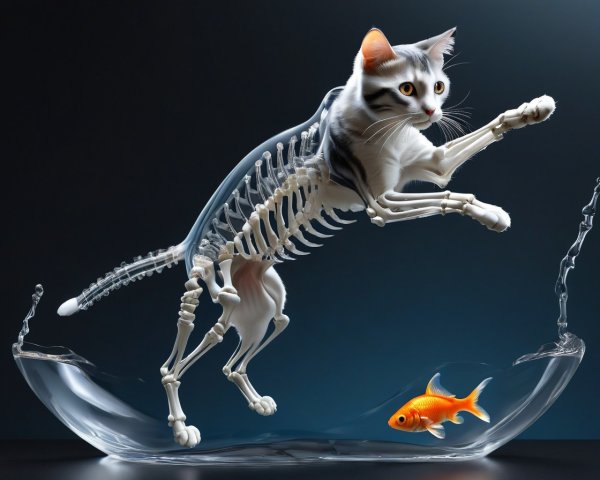 Surreal X-ray cat leaping at fish in bowl with water splash