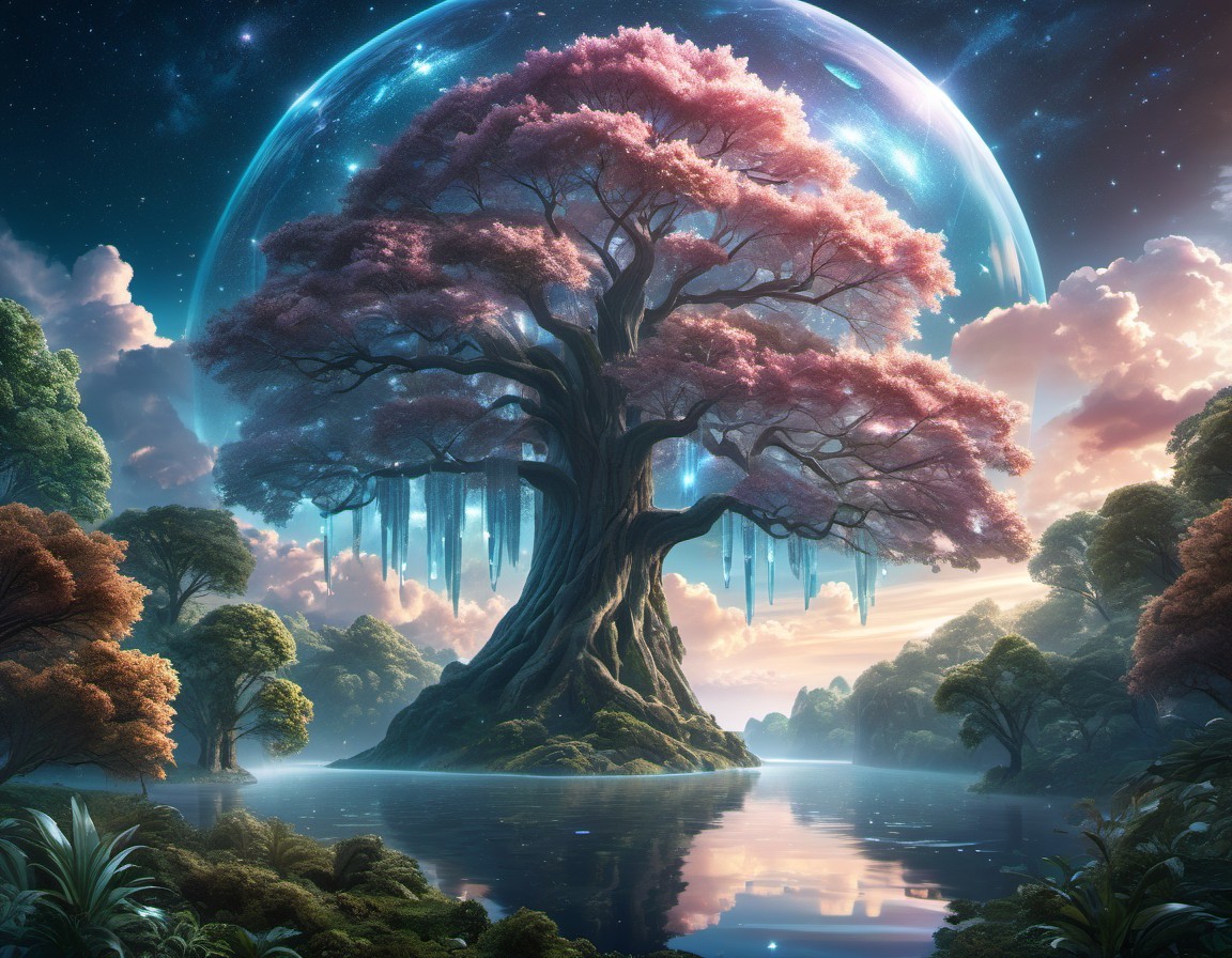 Majestic cherry blossom tree by serene lake with lanterns and starry night sky