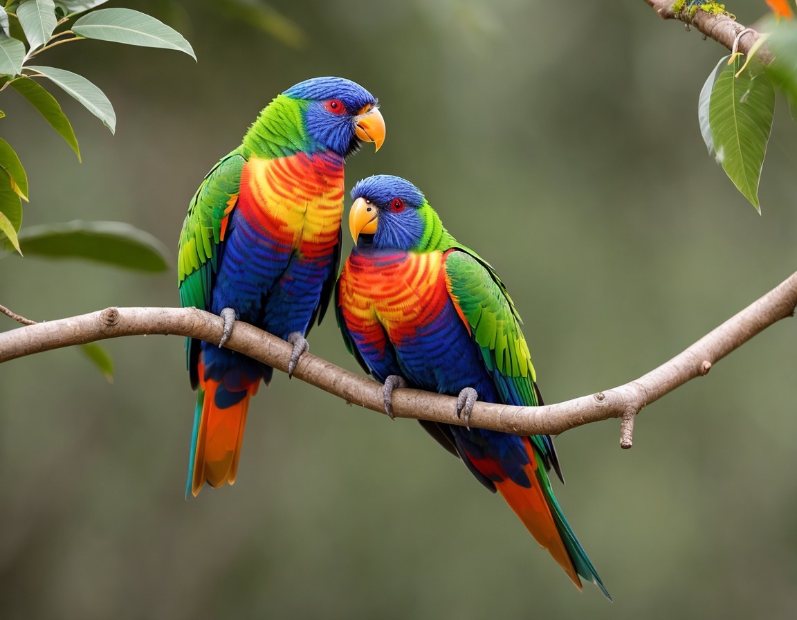 Colorful Rainbow Lorikeets Perched on Branch with Green Foliage Background