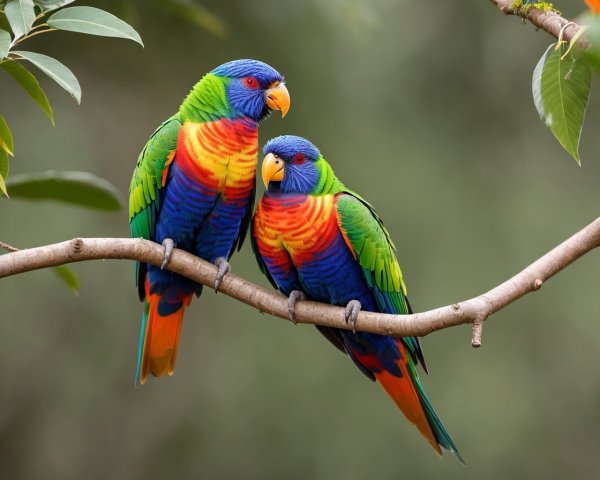 Colorful Rainbow Lorikeets Perched on Branch with Green Foliage Background