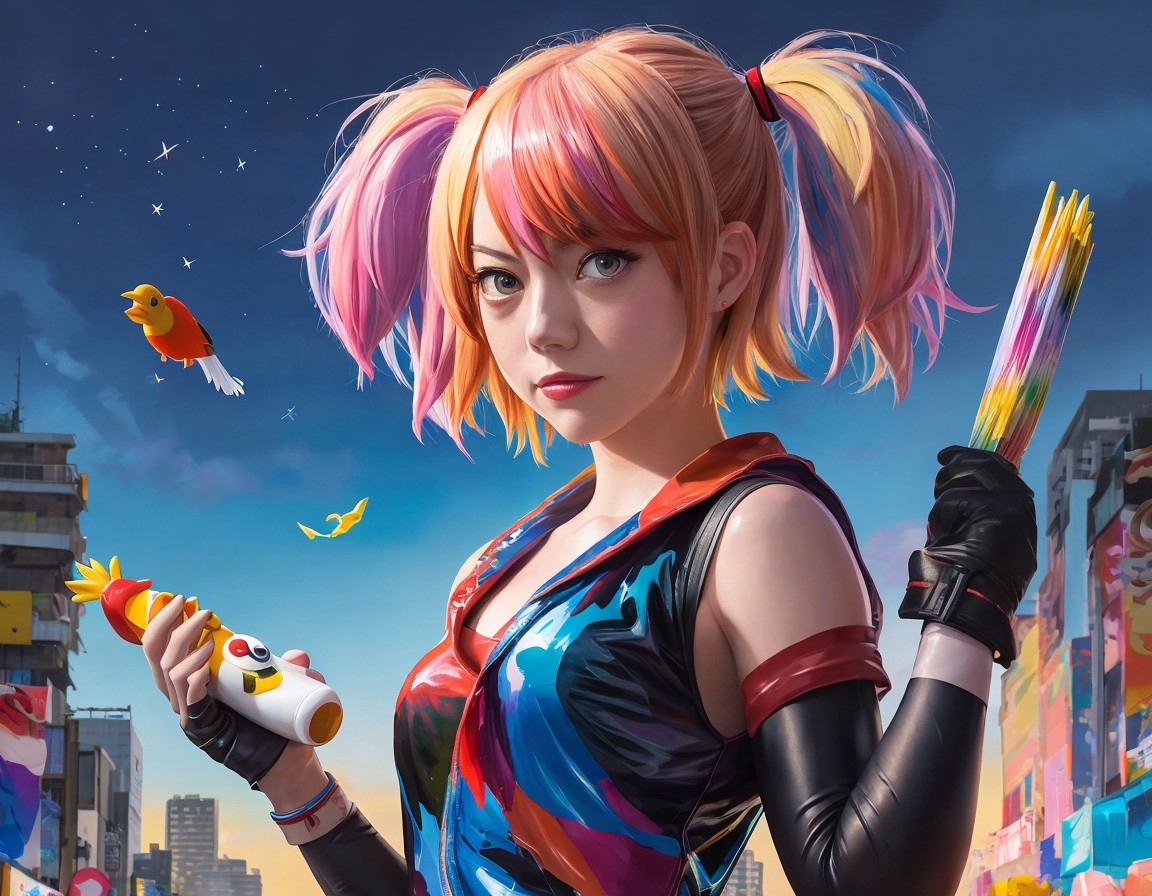 Digital illustration: Woman with pink-and-blond pigtails in black and red top, holding paint
