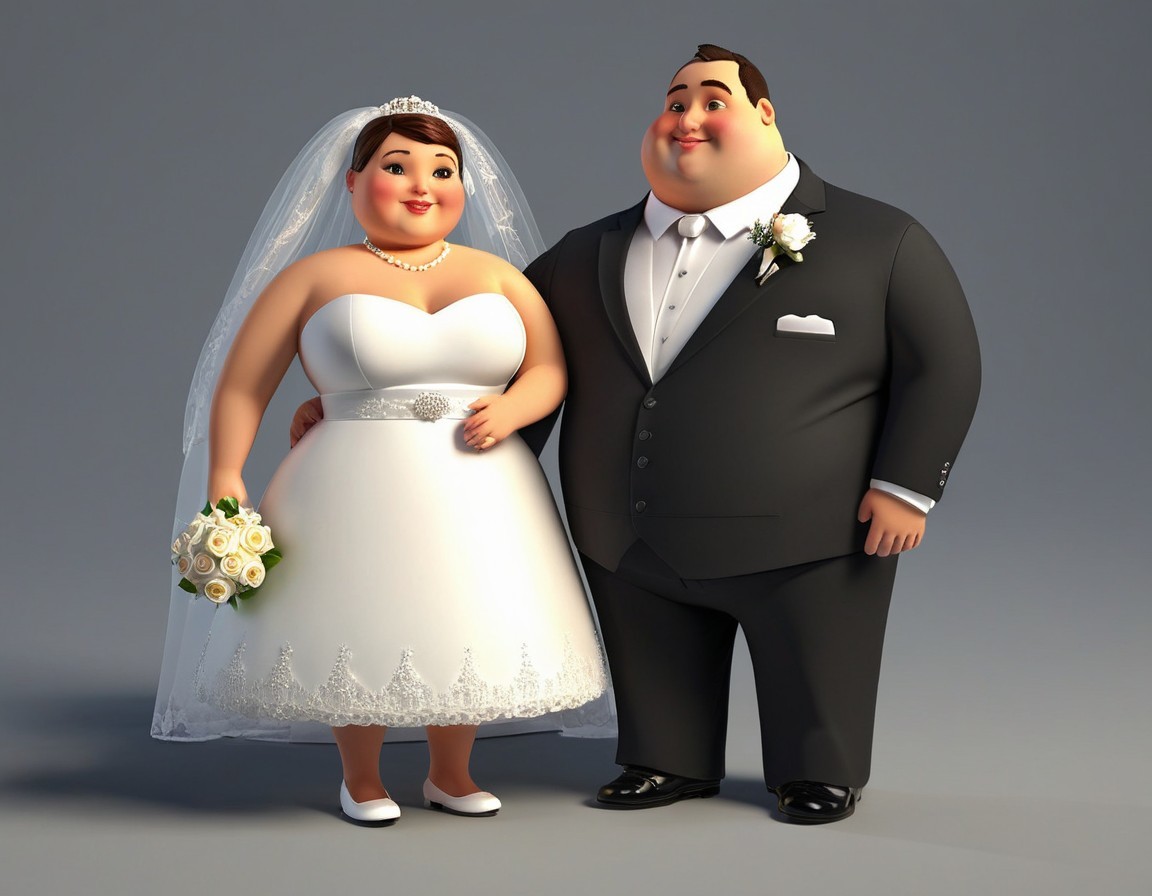 Illustration of animated wedding couple in white dress and black suit