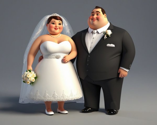 Illustration of animated wedding couple in white dress and black suit