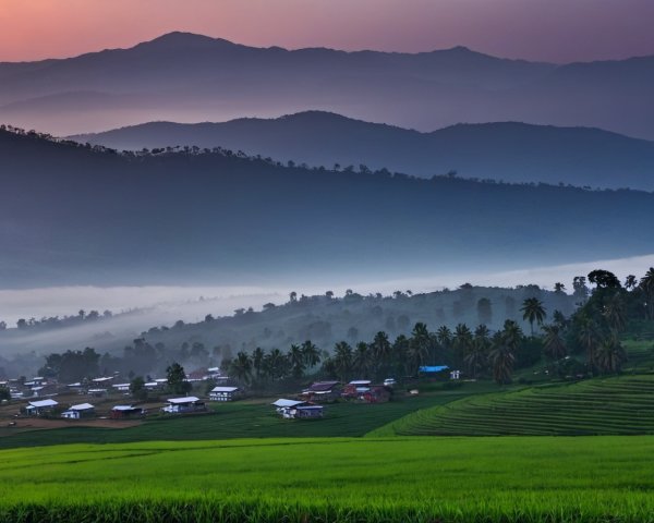 Twilight scene: serene village, rice paddies, misty mountains