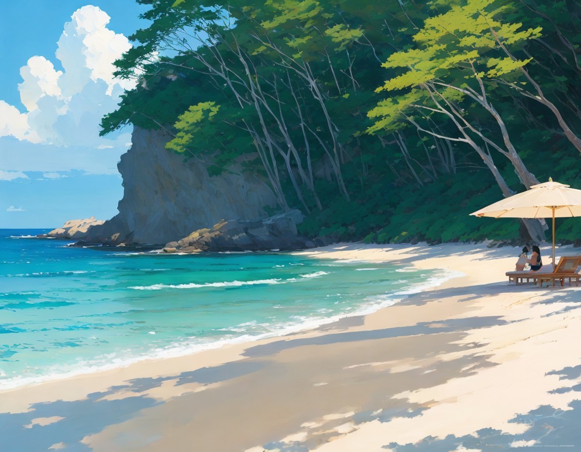 Tranquil beach scene with person under parasol, turquoise waves, white sand, green cliff,