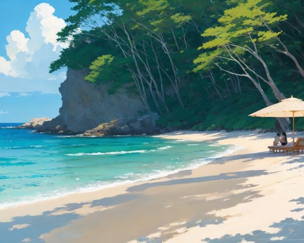 Tranquil beach scene with person under parasol, turquoise waves, white sand, green cliff,