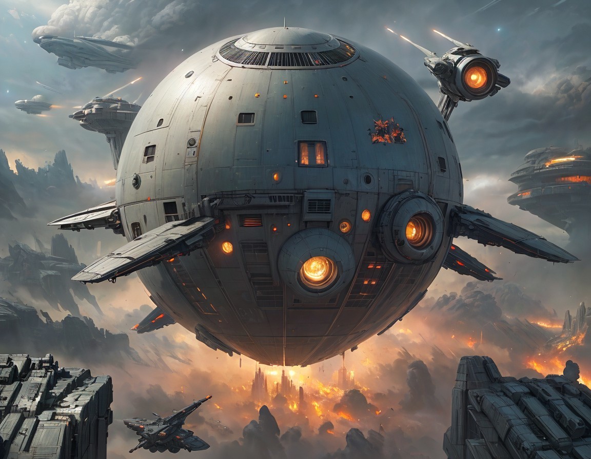 Large spherical spaceship in futuristic scene with clouds, mountains, ruins, and flying craft
