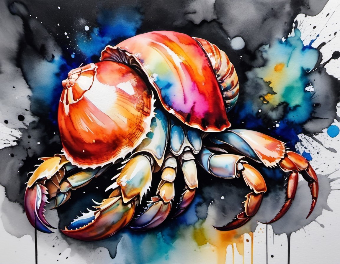 Colorful Hermit Crab Watercolor Painting on Abstract Background