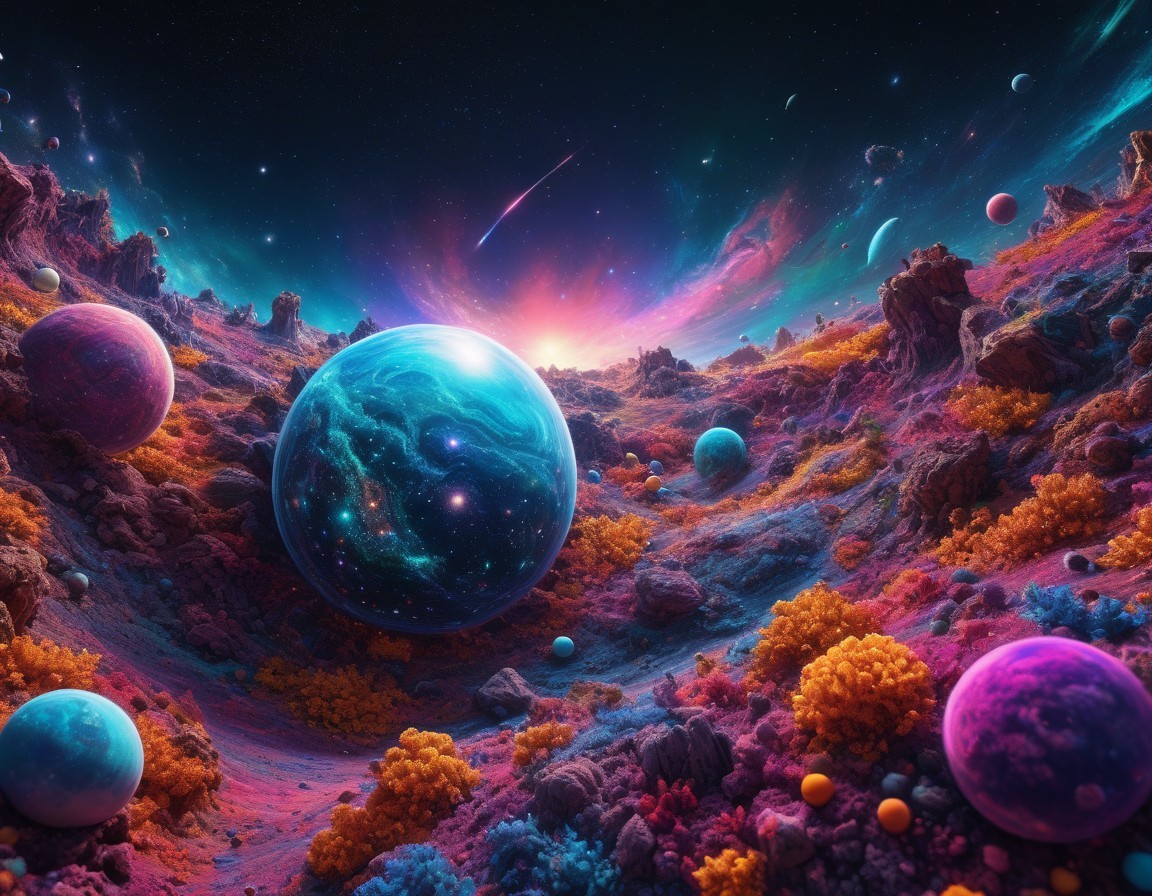 Colorful Cosmic Landscape with Flora, Planets, and Nebulas