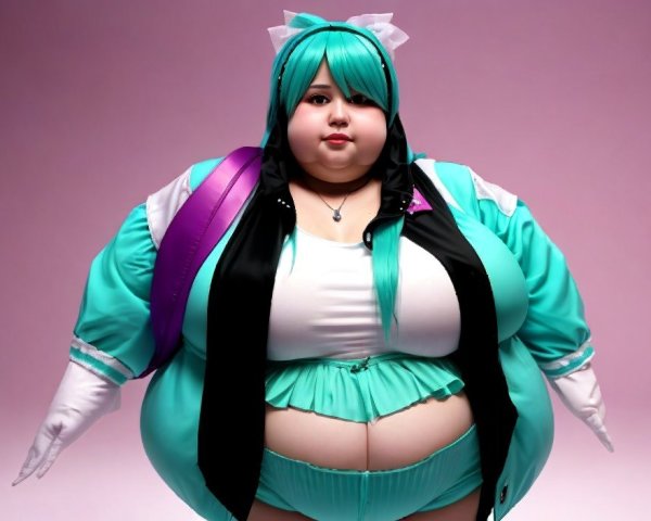 Vibrant cosplay with blue wig, white top, turquoise jacket, purple strap