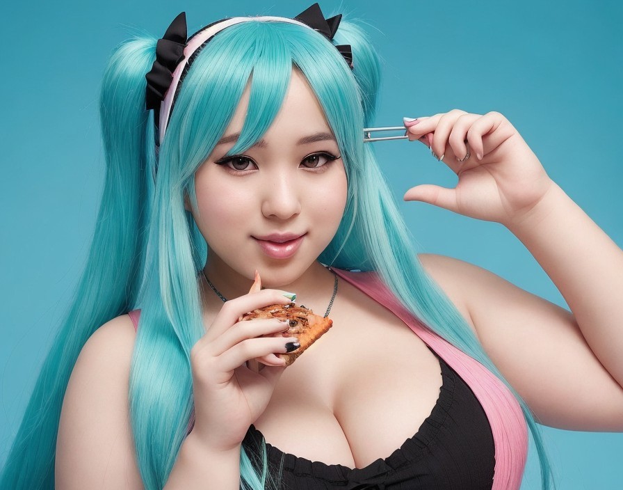 Young woman with turquoise hair and playful outfit