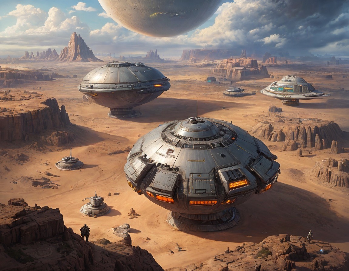 Futuristic desert landscape with flying saucers and large planet in sky