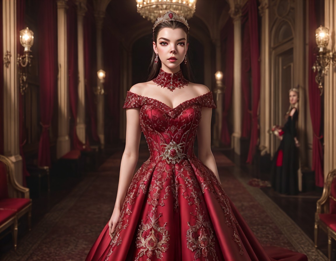 Woman in red gown with gold embroidery in palace corridor with man