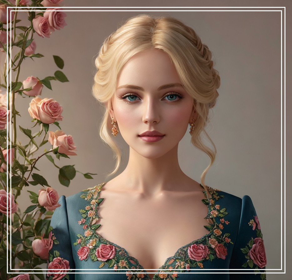Blonde Woman in Green Dress with Rose Earrings Portrait