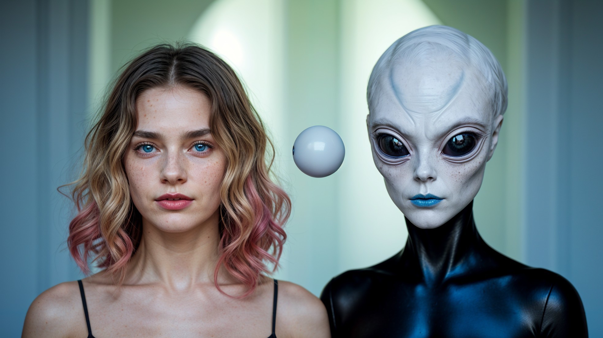 Young Woman and Hyper-Realistic Alien in Artwork