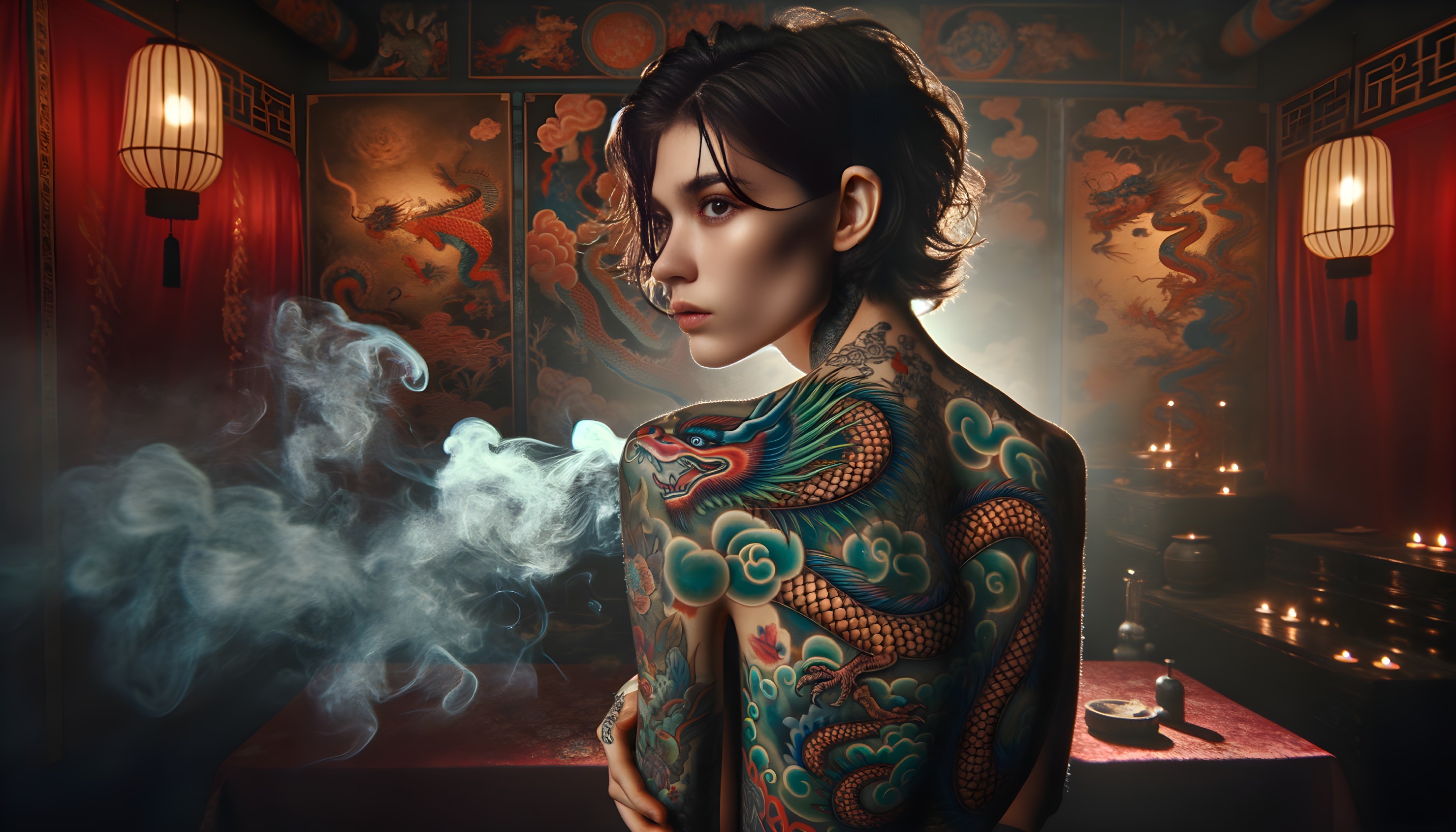 Woman with Full-Back Dragon Tattoo in Room with Red Lanterns and Smoke