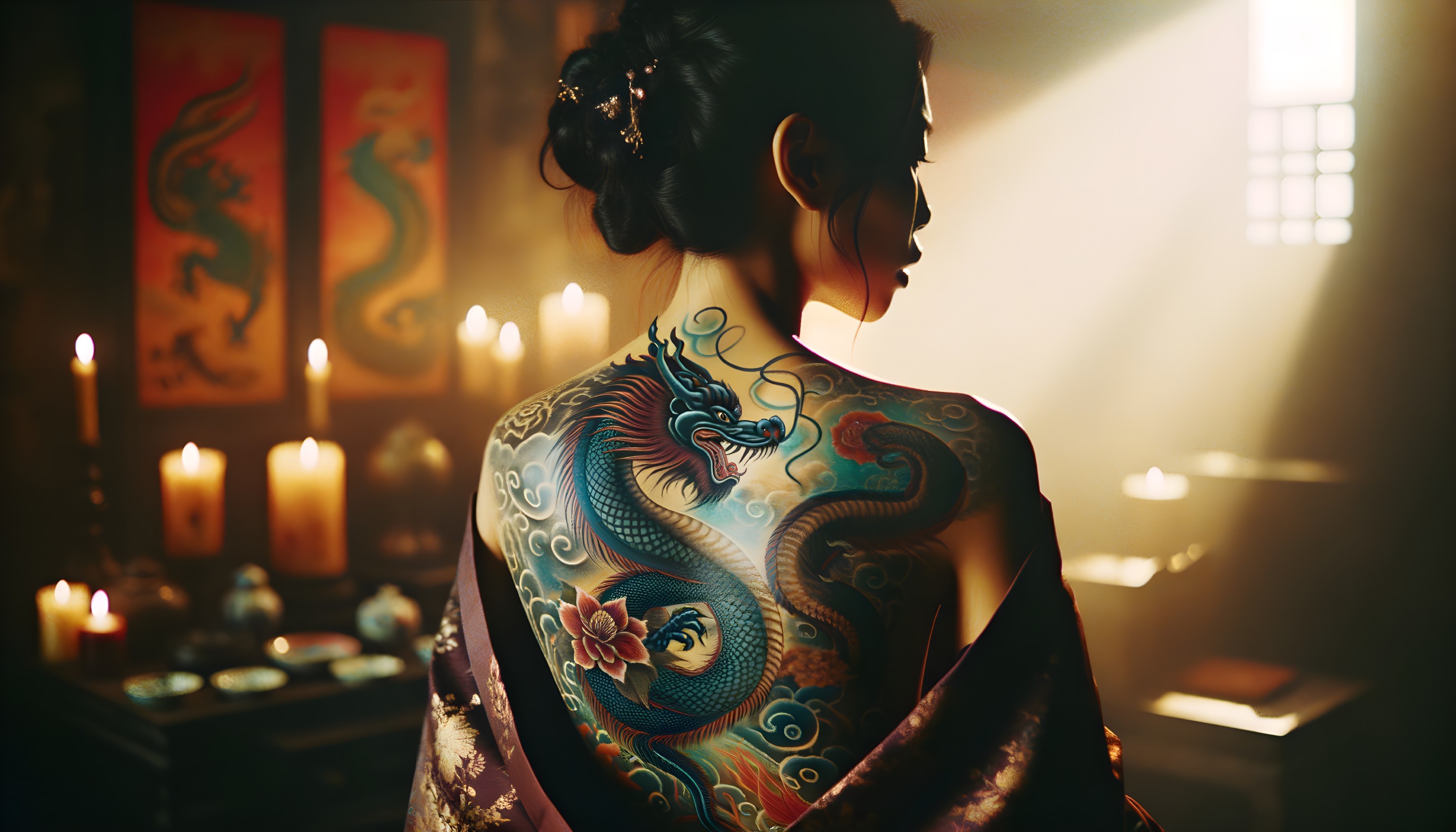 Elaborate dragon tattoo on woman's back by candlelight