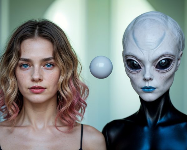 Young Woman and Hyper-Realistic Alien in Artwork