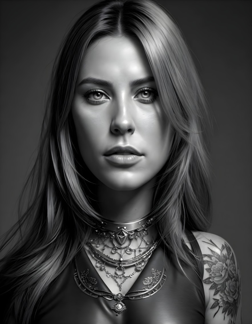 Detailed grayscale portrait of a woman with long hair, tattoos, and intricate necklace.