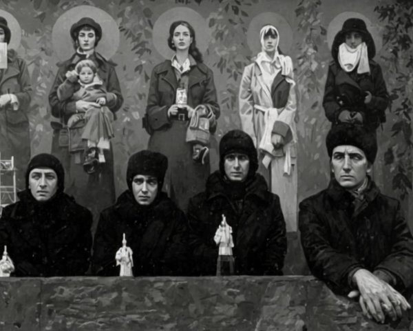 Monochromatic image of people with somber expressions holding religious figures