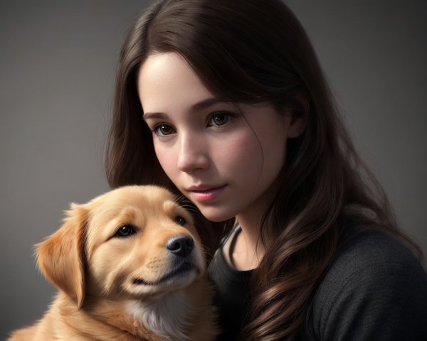Young girl and golden retriever puppy in warm light