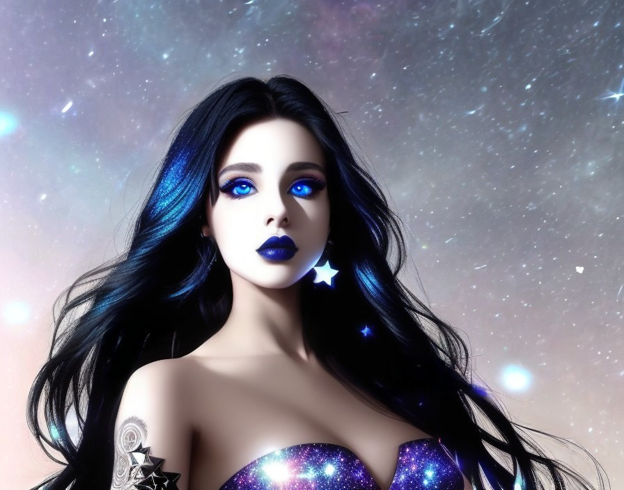 Digitally created female figure with blue eyes, dark hair, starry background, and shoulder tattoo.