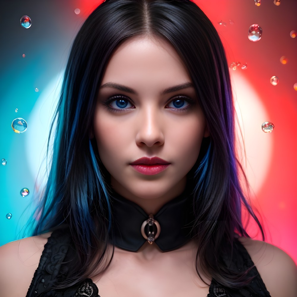 Portrait of Woman with Blue and Purple Hair and Bubbles on Gradient Background